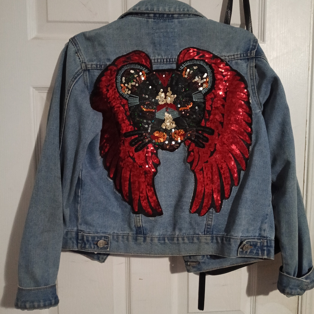 Denim Jacket with Red Sequin Wings